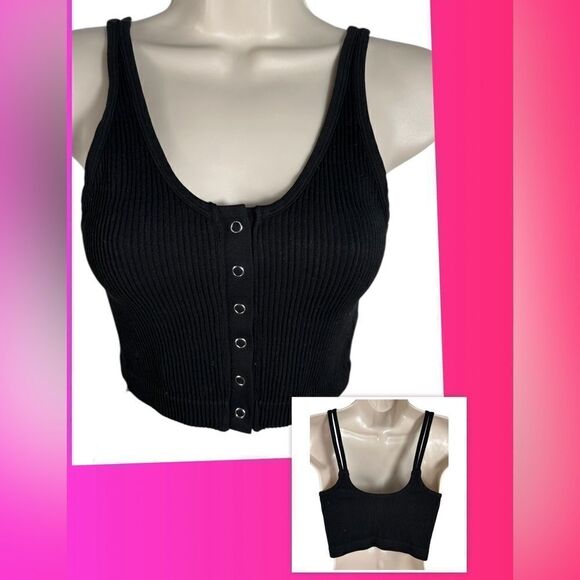 Aerie Real Good Black Button Down Seamless Cropped Bralette Tank Top - Picture 1 of 7